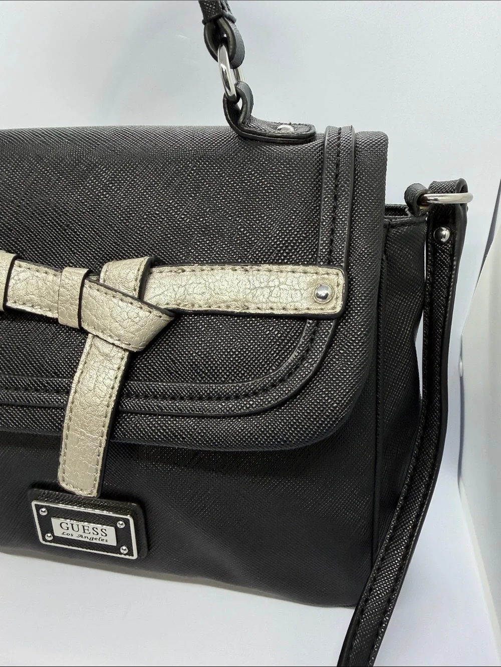 GUESS Black Satchel with Silver Metallic Strap Accent